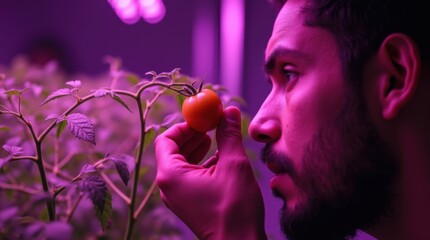 Man examining tomato plant leaves under purple LED grow lights