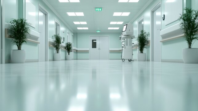 A pristine hospital corridor filled with soft lighting and greenery, creating a serene and welcoming space that promotes healing and calmness for patients and visitors alike.
