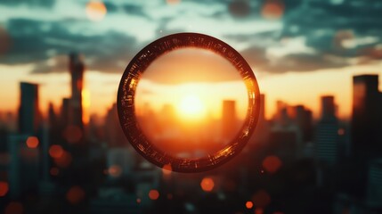 A breathtaking view of a futuristic cityscape framed by a circular design, highlighting the beauty of a sunset with vibrant colors and a sense of wonder at urban life.