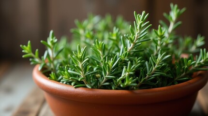 Mixed herbs rosemary thyme igniting in rustic terracotta dish