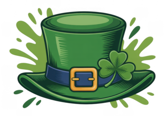 Green hat with shamrock and gold buckle St. Patrick's Day isolated on a transparent background