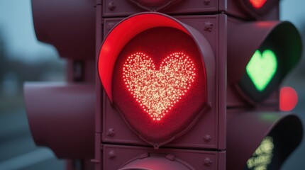 Pink traffic light with glowing heart shaped red yellow green lenses