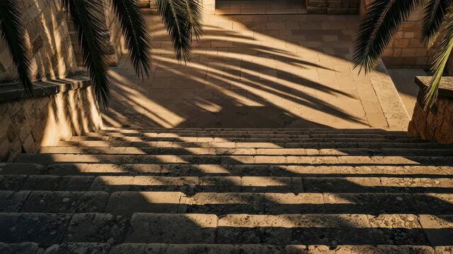 Morning sun creating shadows from palm tree fronds on ancient stone steps, evoking Palm Sunday and historical concepts