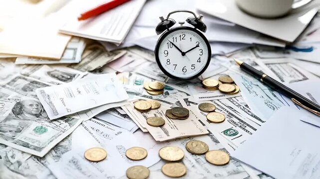 Tax return season. A closeup shot of a desk cluttered with various items, including a clock, money, coins, and a pen. The clock is the central focus.