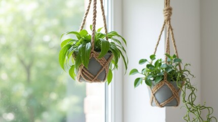 Pothos kokedama suspended by jute rope near white wall corner