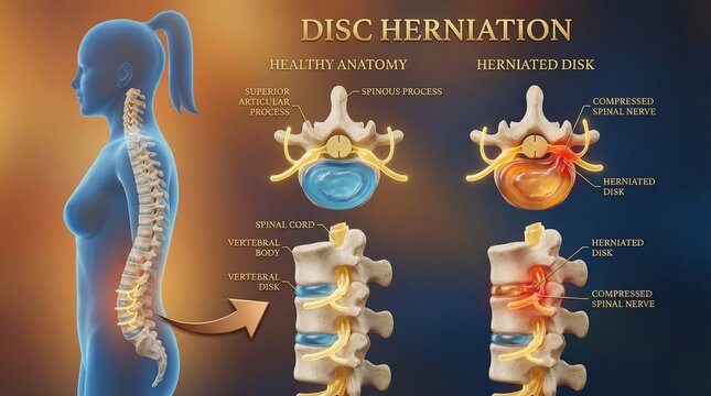 Herniated Disk Anatomy Diagram with Compressed Spinal Nerve 3D