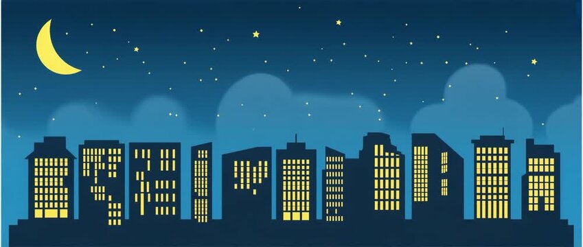city ​​buildings apartments nightlife moon city life illustration