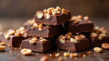 Stacked chocolate bars topped with scattered nuts rich glossy surface