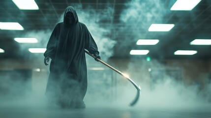 A shadowy figure shrouded in a dark hood holding a scythe looms ominously in a smoky, eerie environment, symbolizing fear, death, and the unknown in a suspenseful atmosphere.