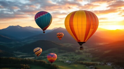 Fototapeta premium Colorful hot air balloons rise majestically against a stunning sunset backdrop, highlighting the beauty of adventure and serenity in the midst of nature's splendor.