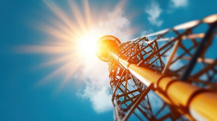 A towering communication mast reaches towards the sky, illuminated by bright sunlight, symbolizing connectivity and technological advancement against a dramatic sky.