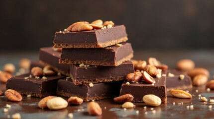 Stacked chocolate bars topped with scattered nuts rich glossy surface
