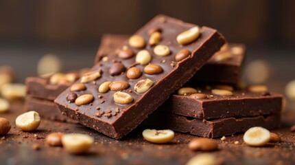 Stacked chocolate bars topped with scattered nuts rich glossy surface