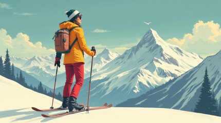 Stylish skier woman posing mountain summit vintage travel poster illustration