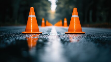 A series of bright orange traffic cones lined up on a wet road, creating a striking contrast against the blurred green background, emphasizing caution and safety.