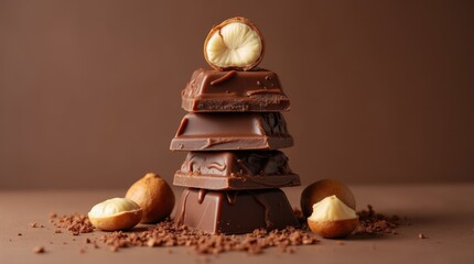 Towering chocolate bar stack hazelnut pieces oozing caramel luxury
