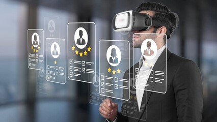 Businessman using virtual reality headset to interact with digital profiles and reviews in a modern office setting showcasing innovative technology and networking Gluon.