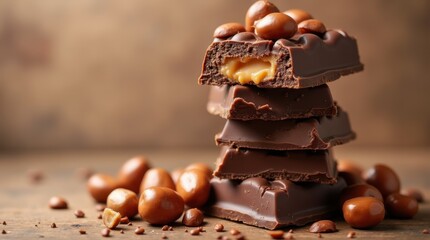 Towering chocolate bar stack hazelnut pieces oozing caramel luxury