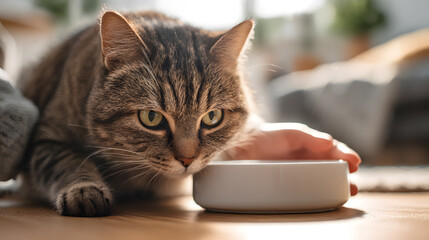 Hungry Cat at Mealtime: A charming domestic cat with captivating eyes anticipates its meal as a human hand gently offers a bowl, a heartwarming scene of affection and routine.