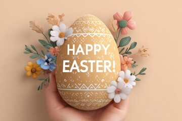 Elegant Easter card with golden patterned egg and soft spring flowers on neutral background studio