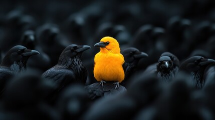 Obraz premium In a striking contrast, a vibrant yellow bird stands boldly amidst a crowd of black ravens, symbolizing individuality and distinctiveness against a uniform backdrop of darkness.