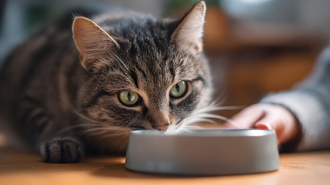 Cat Enjoying Mealtime: A close-up shot of a tabby cat engrossed in a meal, showcasing its focus and the comfort of a peaceful dining experience. - Powered by Adobe