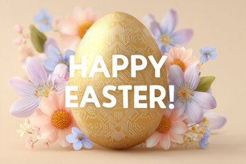 Elegant Easter card with golden patterned egg and soft spring flowers on neutral background studio