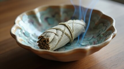 White sage bundle smoldering in unglazed ceramic abalone shell bowl