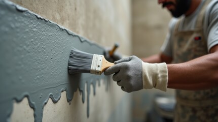 Worker spreading concrete sealant on basement wall with trowel smooth finish