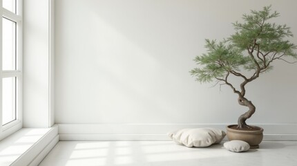 Zen meditation corner in serene white room with floor cushions, bonsai