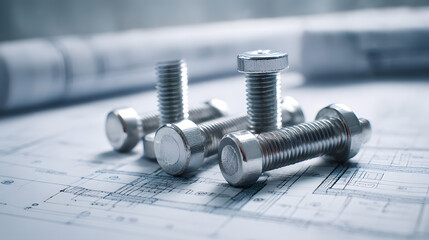 Engineering Precision: A close-up showcases a collection of gleaming metal bolts resting upon a blueprint. Evoking a sense of structure, detail, and craftsmanship.