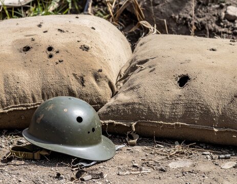 Damaged army headgear in front of protective sandbags at a firing range or war zone.