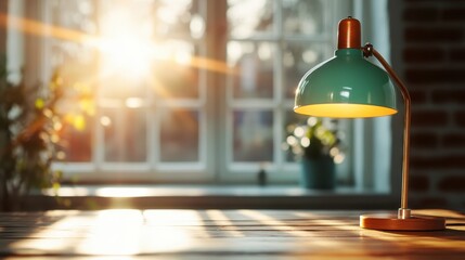 A stylish desk lamp radiating warm light on a wooden table, creating a cozy and inviting workspace that inspires creativity and promotes productivity in a modern home.
