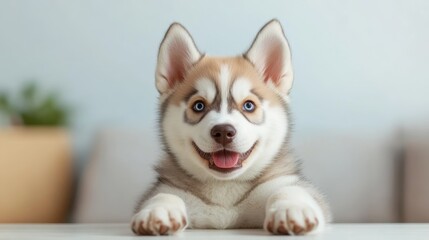 A close-up portrait of a cheerful puppy featuring striking blue eyes and a fluffy coat, making it a perfect candidate for stock photography that appeals to pet lovers.