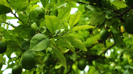 Obraz premium Lime Tree Branch: A verdant lime tree branch, adorned with ripe limes and lush green foliage, thrives under natural sunlight, a testament to nature's bounty.