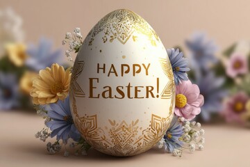 Elegant Easter card with golden patterned egg and soft spring flowers on neutral background studio