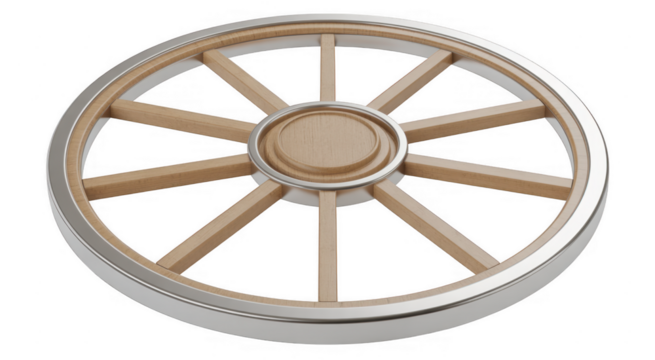 Wooden wheel with silver rim and spokes circular wood isolated on a transparent background - Powered by Adobe
