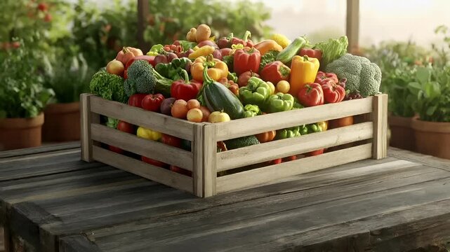 Organic food. Healthy quality lifestyle. A vivid, realistic portrayal of a wooden crate filled with fresh vegetables on a wooden surface. The vegetables are vibrant and varied in color.