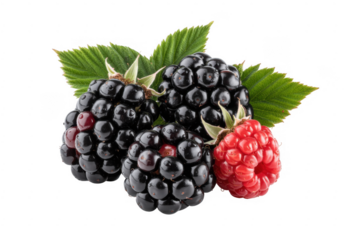 Blackberries and Raspberries with Leaves mixed berries isolated on a transparent background