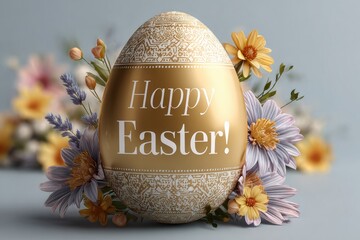 Elegant Easter card with golden patterned egg and soft spring flowers on neutral background studio