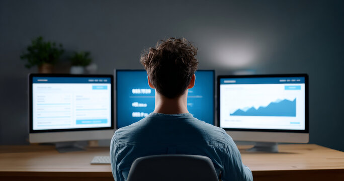 Man working late at desk with three computer monitors displaying data and graphs in dimly lit modern environment - Powered by Adobe