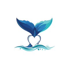 Obraz premium Graceful blue whale tail forms a heart above stylized ocean waves. A vibrant symbol of marine love, ocean conservation, and eco-friendly branding