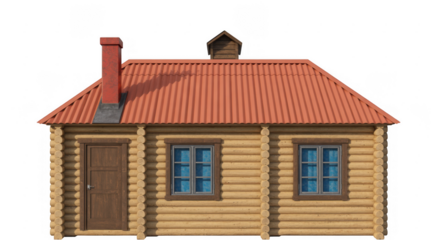 Small log cabin with red roof small house chimney wooden house isolated on a transparent background