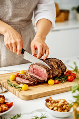 Woman cutting a roast beef in the kitchen