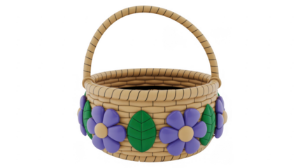 Decorative woven basket with purple flowers isolated on a transparent background