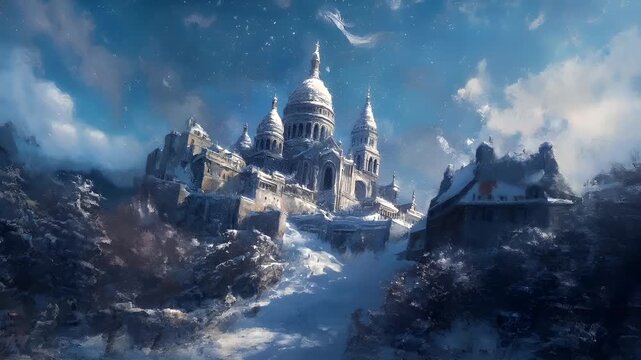 Paris, France, Europe. A detailed digital artwork of a majestic castle in a snowy landscape. The castle is depicted with intricate architectural details, such as domes and spires.