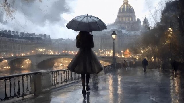 Paris, France, Europe. A detailed, atmospheric painting of a cityscape during what appears to be either dawn or dusk. The main subject is a person walking on a rainsoaked street.
