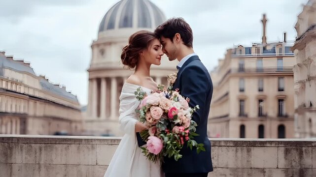 Paris, France, Europe. A bride and groom pose for a wedding photograph in front of the Arc de Triomphe in Paris. The bride is wearing a white offtheshoulder dress, holding a bouquet of pink roses.