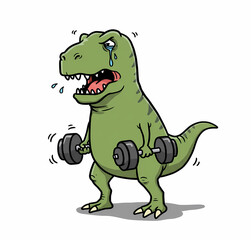 Obraz premium Funny T-Rex Cartoon Vector Crying Dinosaur Lifting Weights Dino