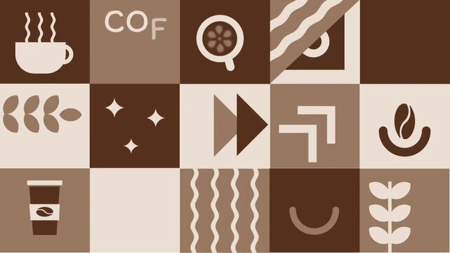 Coffee Abstract Square Pattern Animation. Geometric Background with Simple Animated Elements. Mosaic. Trendy Design. Video in Brown Beige Colors
